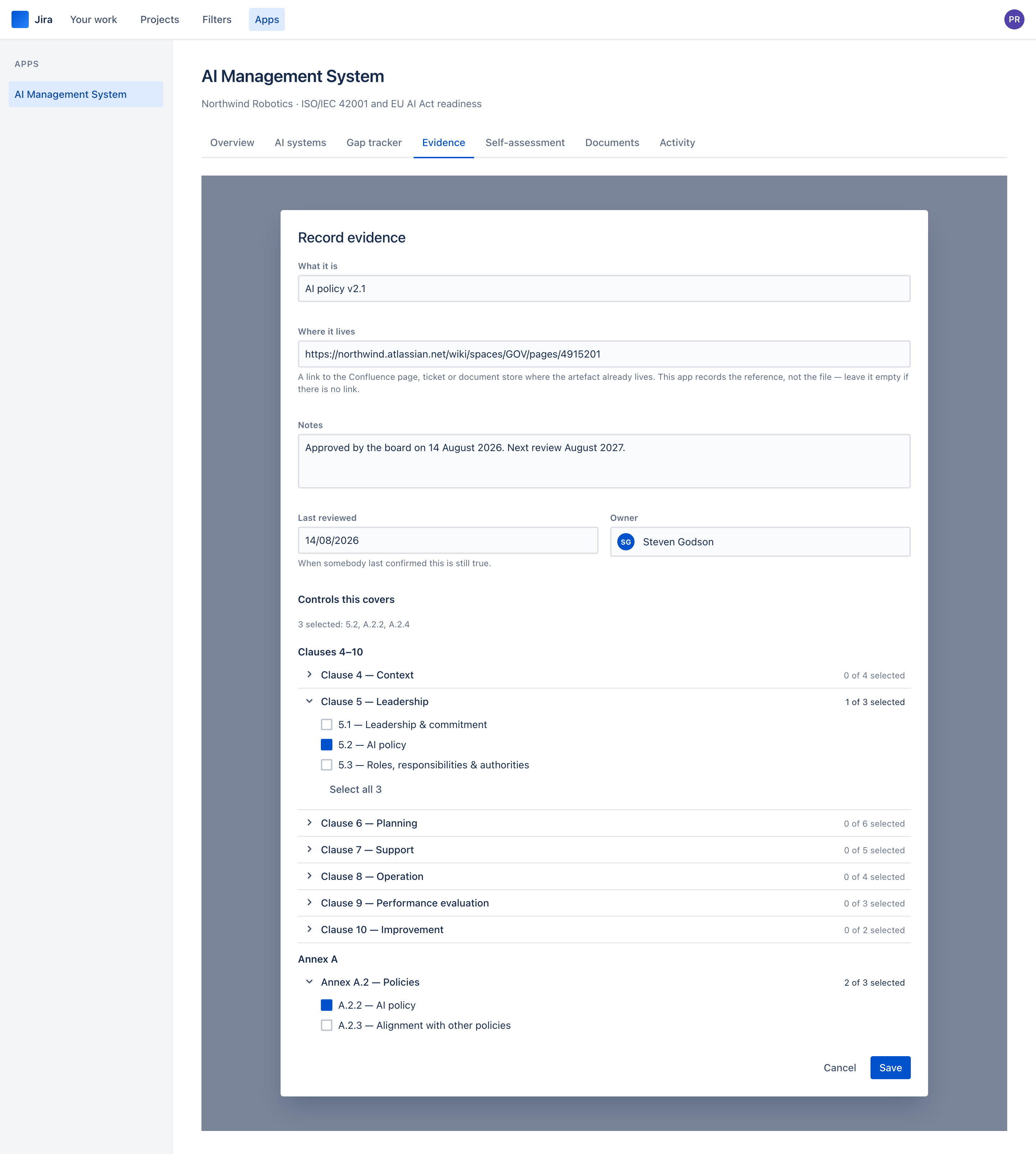 The evidence form with a link field and the controls it covers, grouped into sections that open and close.