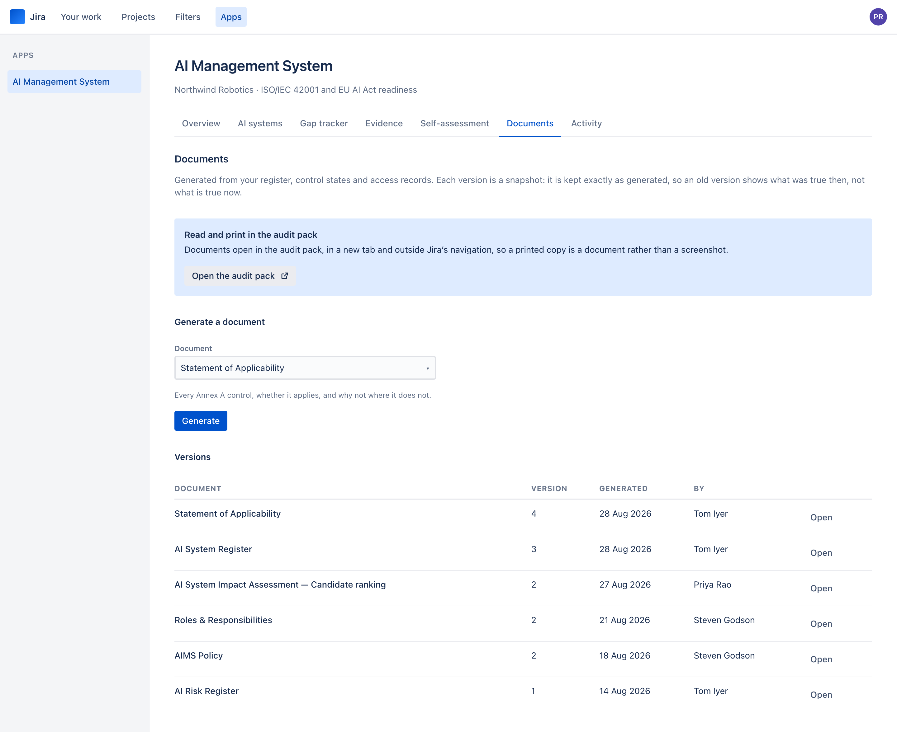 The Documents tab with a button to open the audit pack, a document selector, and a version table with an Open button on each row.