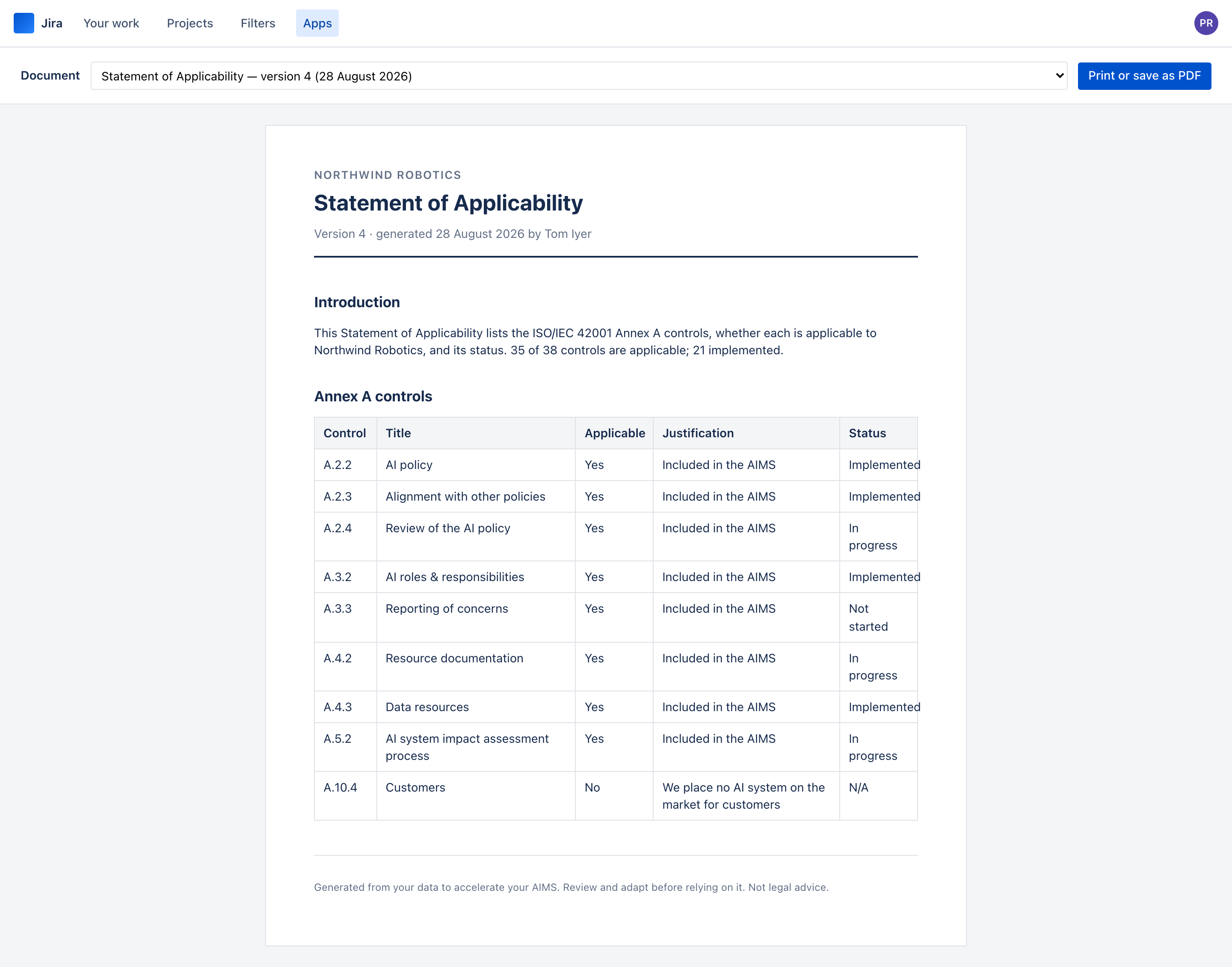 A printable Statement of Applicability with an Annex A control table.